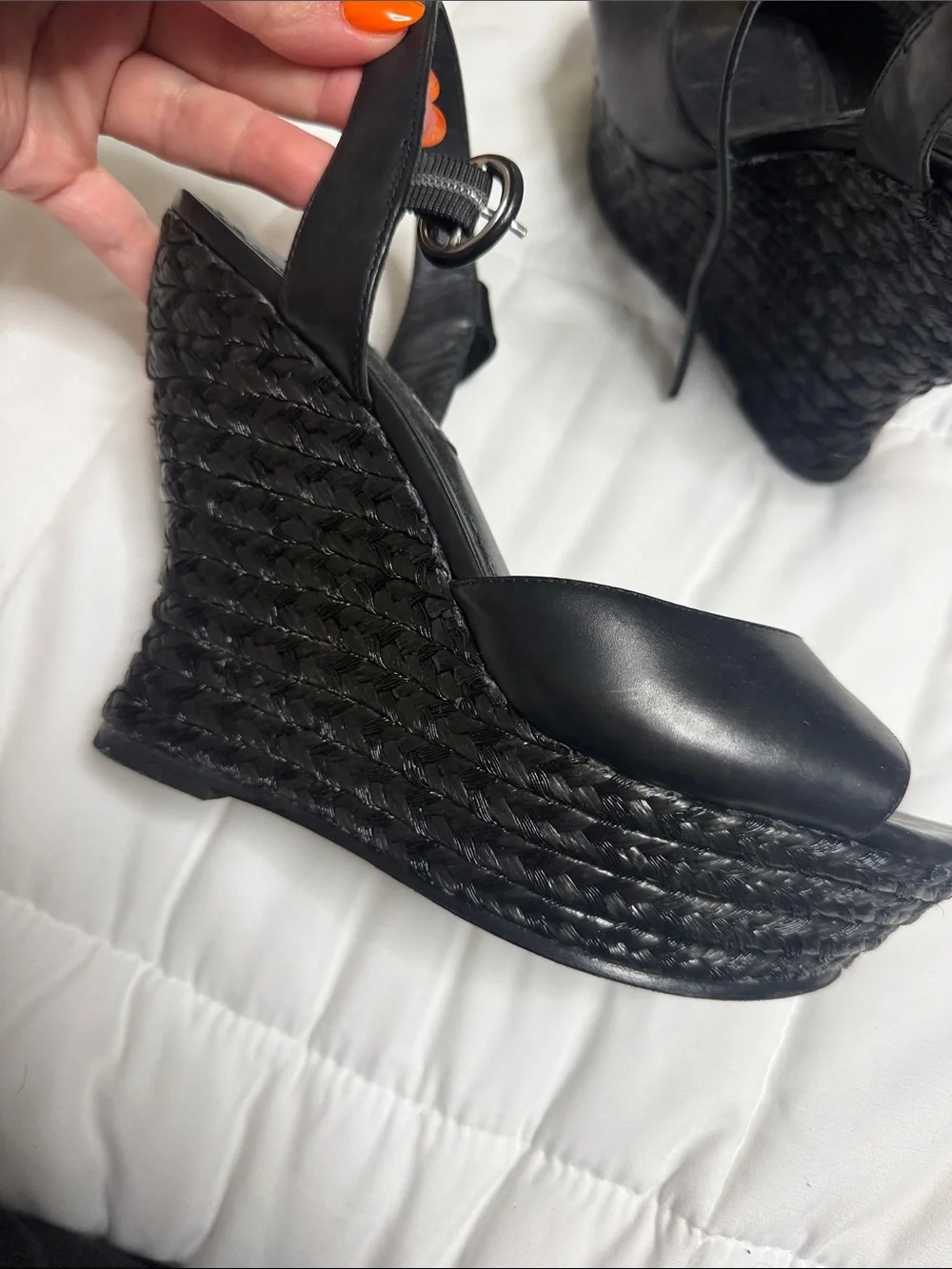 Alice + Olivia Black Leather Wedge Sandals with Woven Platform
